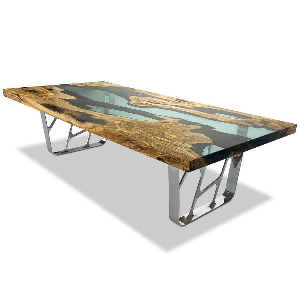 carna walnut dining table, modern dining table, contemporary dining table, olive wood dining table, resin dining table, celadon dining table, luxury dining table