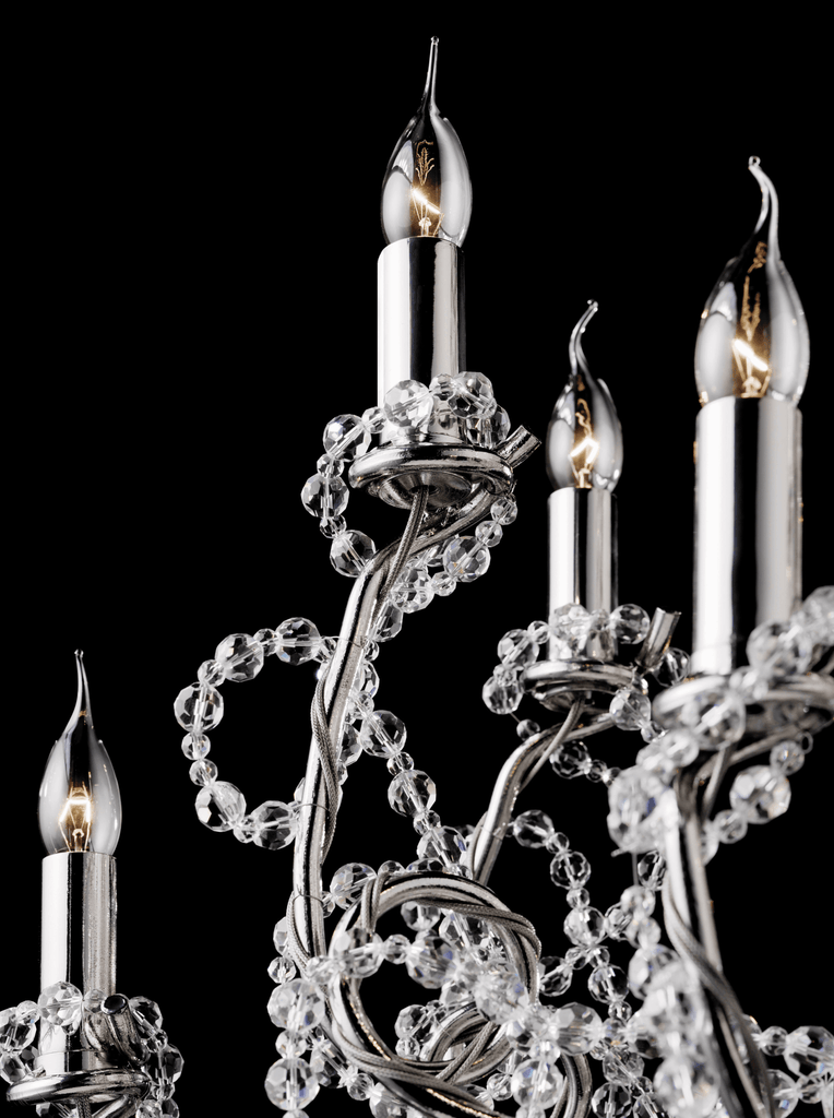 Elegant silver Coco Chandelier Conical with crystal beads and candle-shaped bulbs