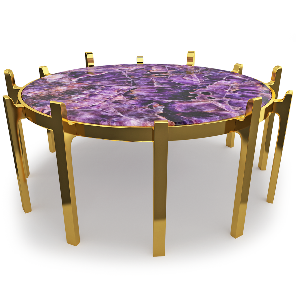 Crown Coffee Table with polished gold base and purple amethyst stone top
