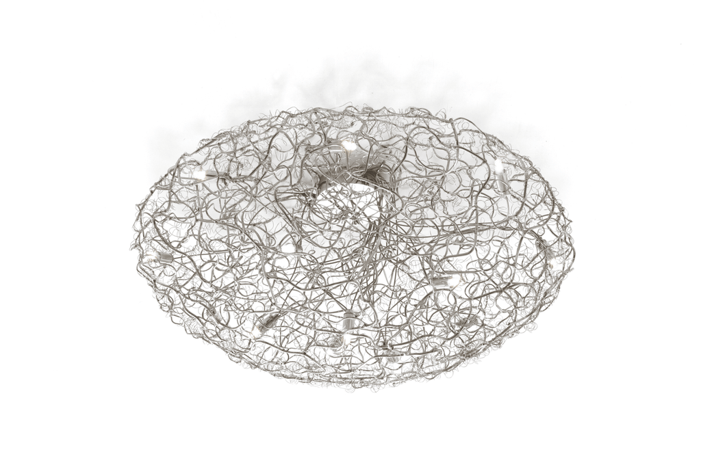Silver-colored crystal waters ceiling lamp round with intricate woven metal design
