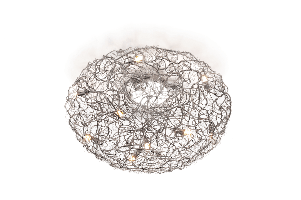 Crystal Waters Ceiling Lamp Round with tangled metal wire design and multiple exposed bulbs
