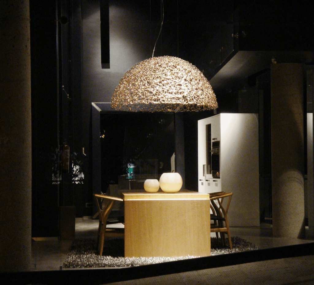 Textured gold dome pendant light from Crystal Waters Hanging Lamp Hood for elegant decor