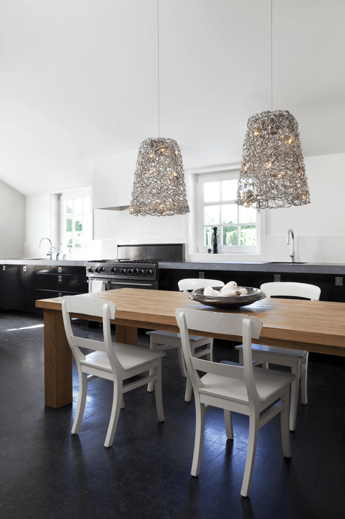 Modern well-lit kitchen and dining area with Crystal Waters Hanging Lamp Shade