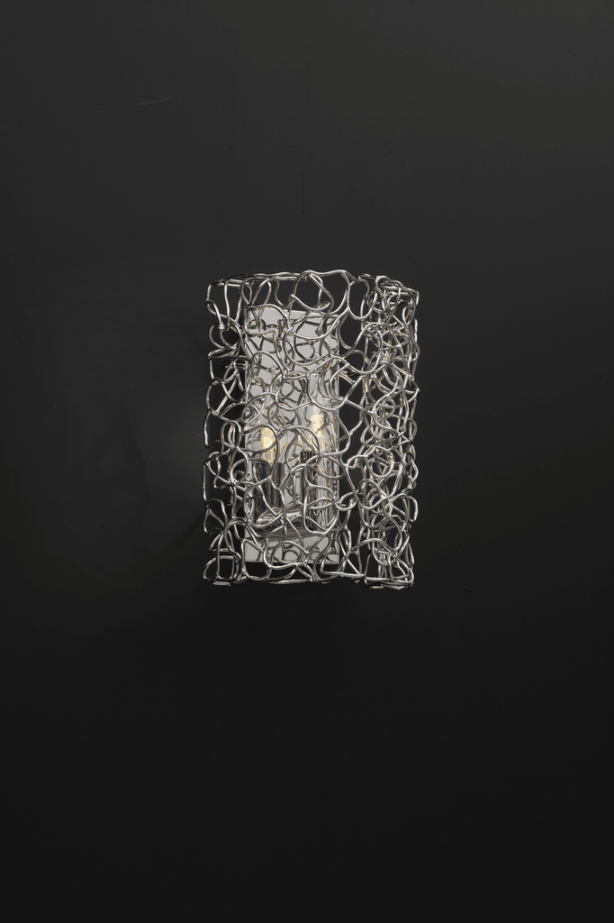 Crystal Waters Wall Lamp with tangled silver wire mesh exterior and visible light bulb