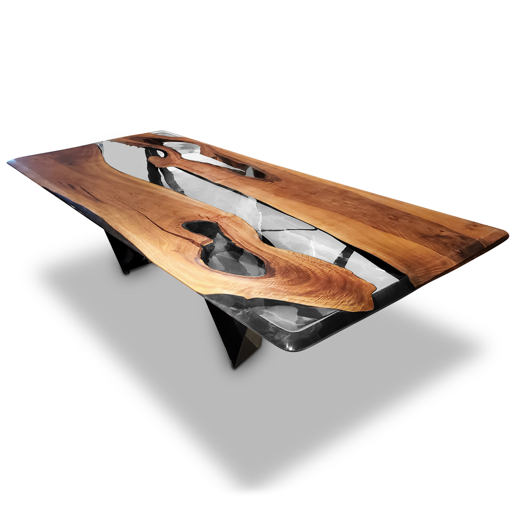 Danube Walnut Dining Table with live edge wood and clear resin river design