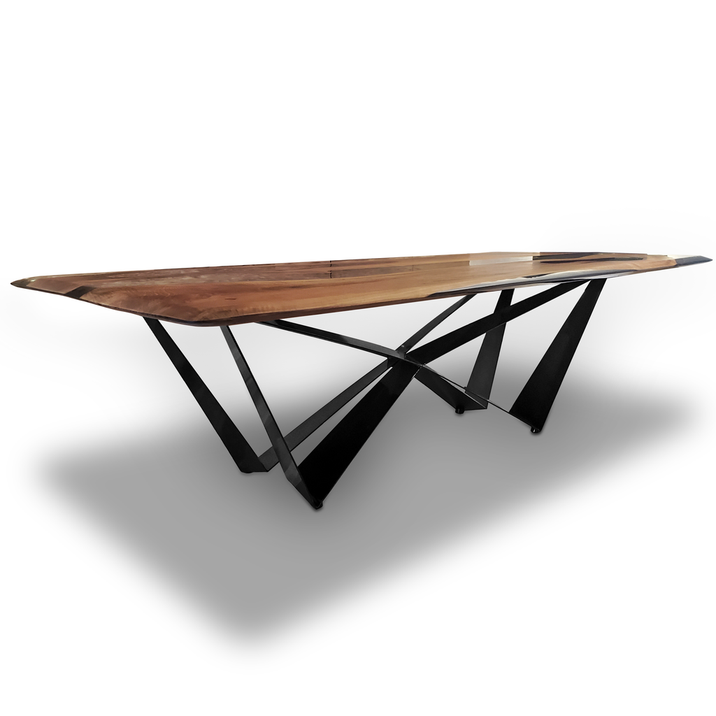 Danube Walnut Dining Table with live-edge wooden top and black geometric metal base
