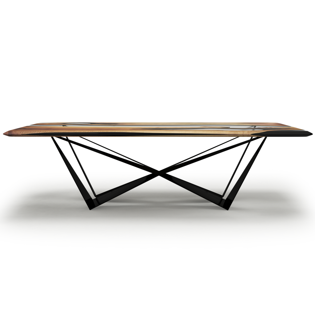 Danube Walnut Dining Table with rectangular wooden top and black geometric metal base