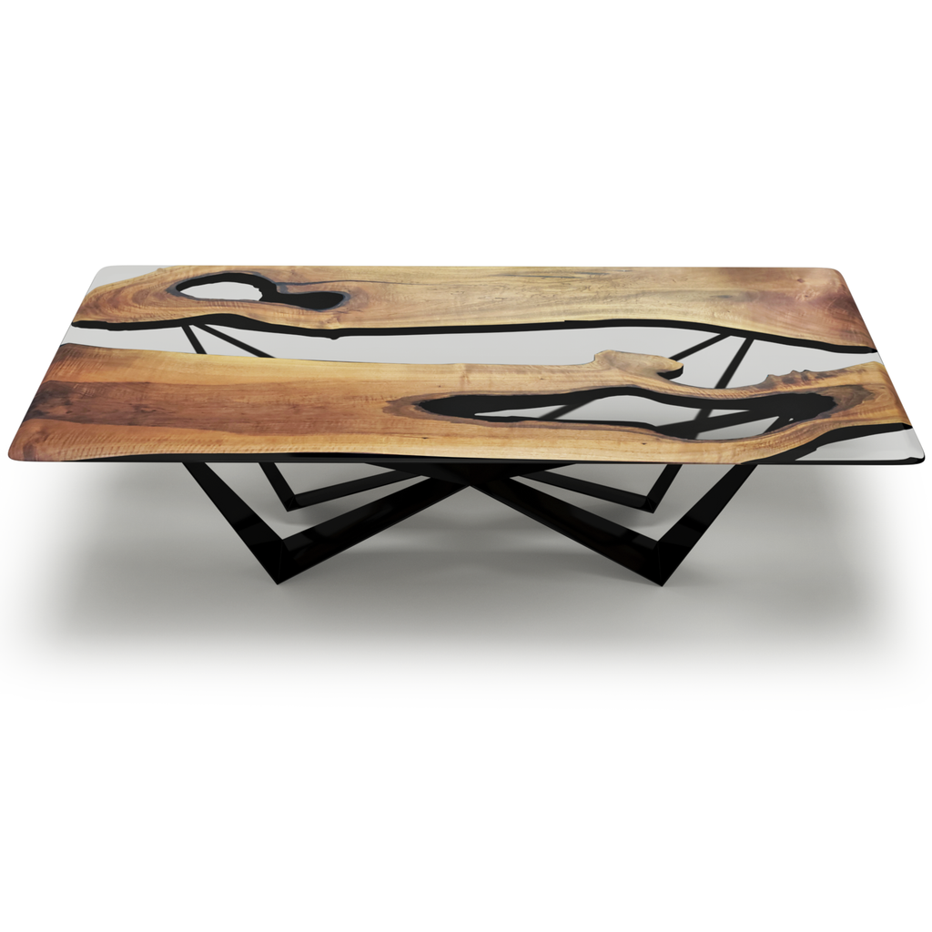 Danube Walnut Dining Table with rectangular wood and white resin river top and black metal base