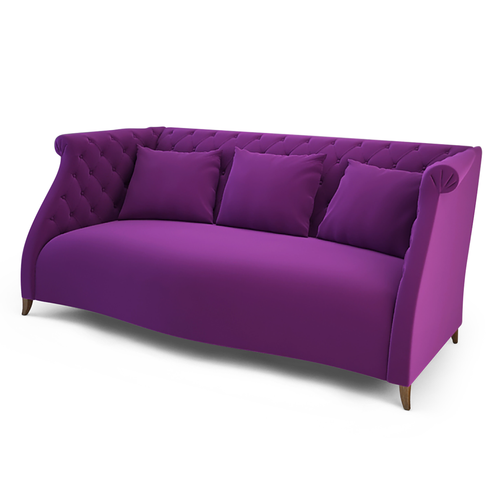 Vibrant purple tufted Delano Sofa with three cozy throw pillows for stylish living rooms