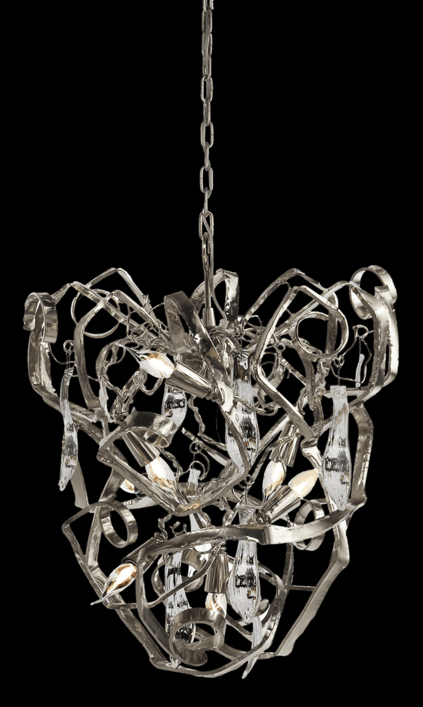 Modern abstract Delphinium Chandelier Conical with intertwined silver ribbons and glowing bulbs
