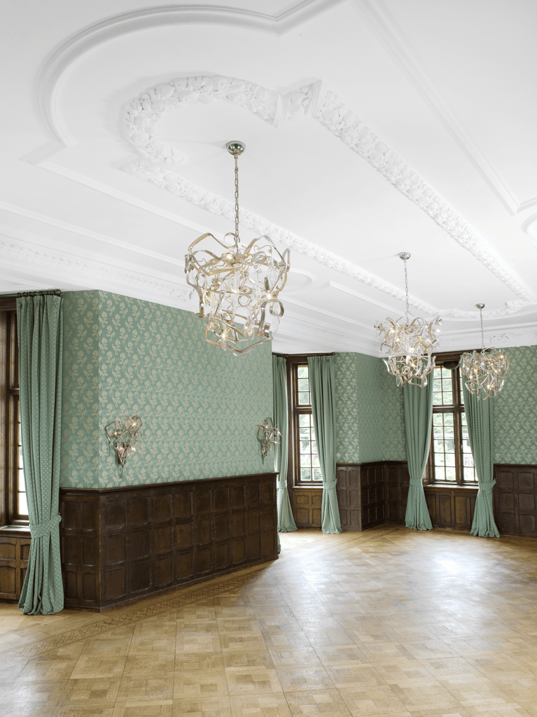 Elegant grand room with Delphinium Chandelier Conical, crystal chandeliers, decorative ceilings