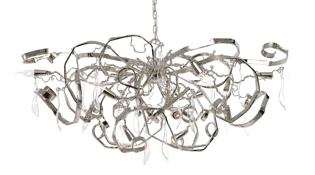 Delphinium Chandelier Oval featuring modern silver-toned metal with swirling abstract designs