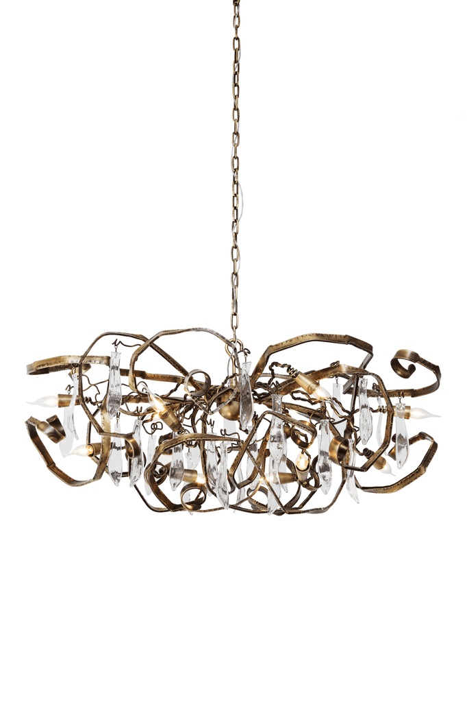 Ornate bronze and crystal Delphinium Chandelier Oval with abstract sculptural design
