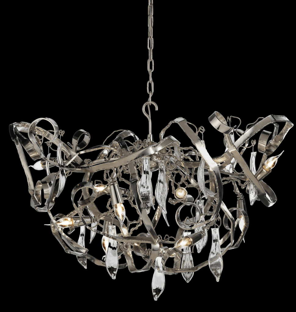 Ornate modern silver Delphinium Chandelier Round with multiple lights and crystal accents