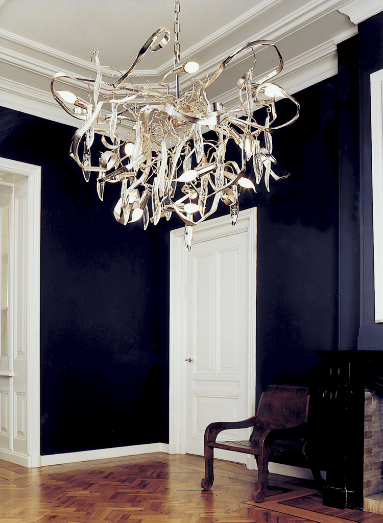 Delphinium Chandelier Round with ornate modern design, crystal leaf accents, multiple lights