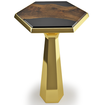 despotina walnut wood hexagonal end table, modern end table, walnut end table, resin end table, brass end table, PVD titanium coated end table, jet black resin, walnut wood finish