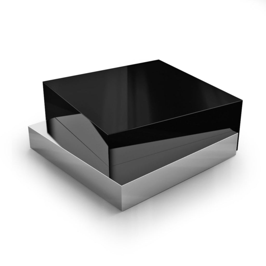 Black glossy square Docimium Lacquered Coffee Table with reflective silver base