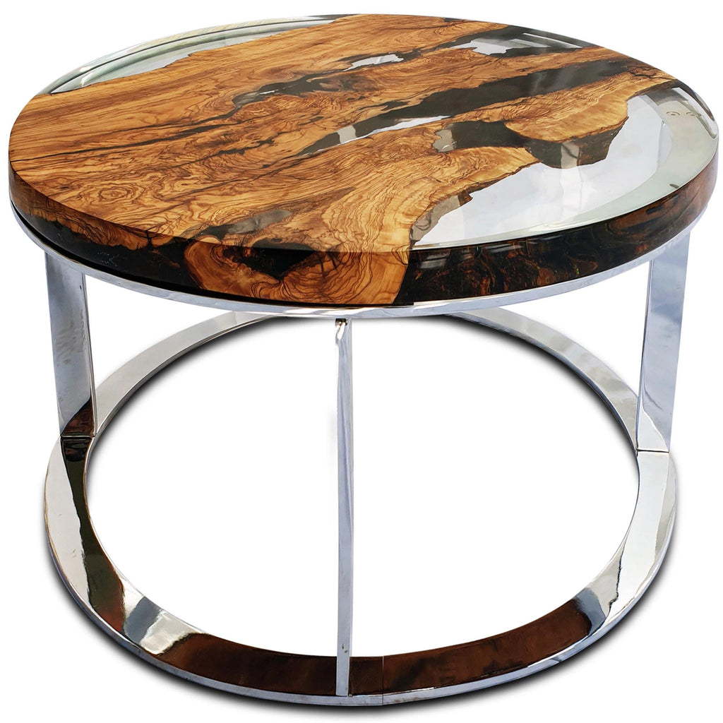  dodona olive wood coffee table, modern coffee table, olive wood coffee table, resin coffee table, chrome coffee table, natural olive wood, ghost white resin, polished chrome