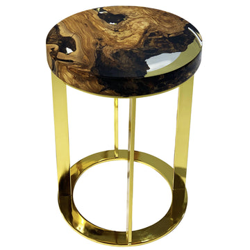 dodona olive wood end table, modern end table, olive wood end table, resin end table, brass end table, natural olive wood, ghost white resin, polished brass, PVD titanium coating, olive wood furniture, resin furniture, brass furniture, living room furniture, bedroom furniture, luxury furniture