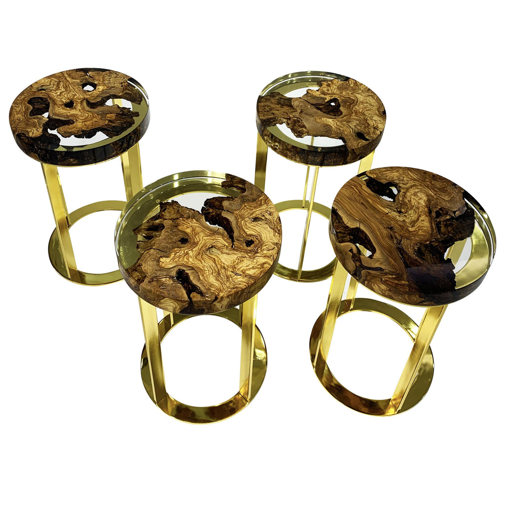 Dodona Olive Wood End Table with four polished wood and resin-topped tables on gold bases