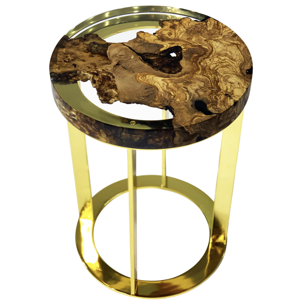 Dodona Olive Wood End Table with natural wood top, clear resin, and gold frame