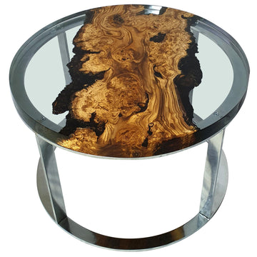 dodona silverberry coffee table, modern coffee table, silverberry coffee table, resin coffee table, chrome coffee table, natural silverberry wood, ghost white resin, polished chrome, silverberry furniture, resin furniture, chrome furniture, living room furniture, luxury furniture