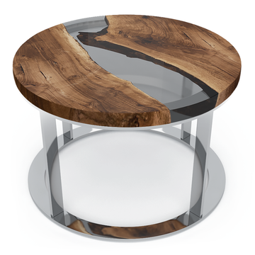 dodona walnut wood river coffee table, modern coffee table, walnut wood coffee table, resin coffee table, chrome coffee table, natural walnut wood, timberwolf resin, polished chrome, walnut furniture, resin furniture, chrome furniture, living room furniture, luxury furniture, river coffee table