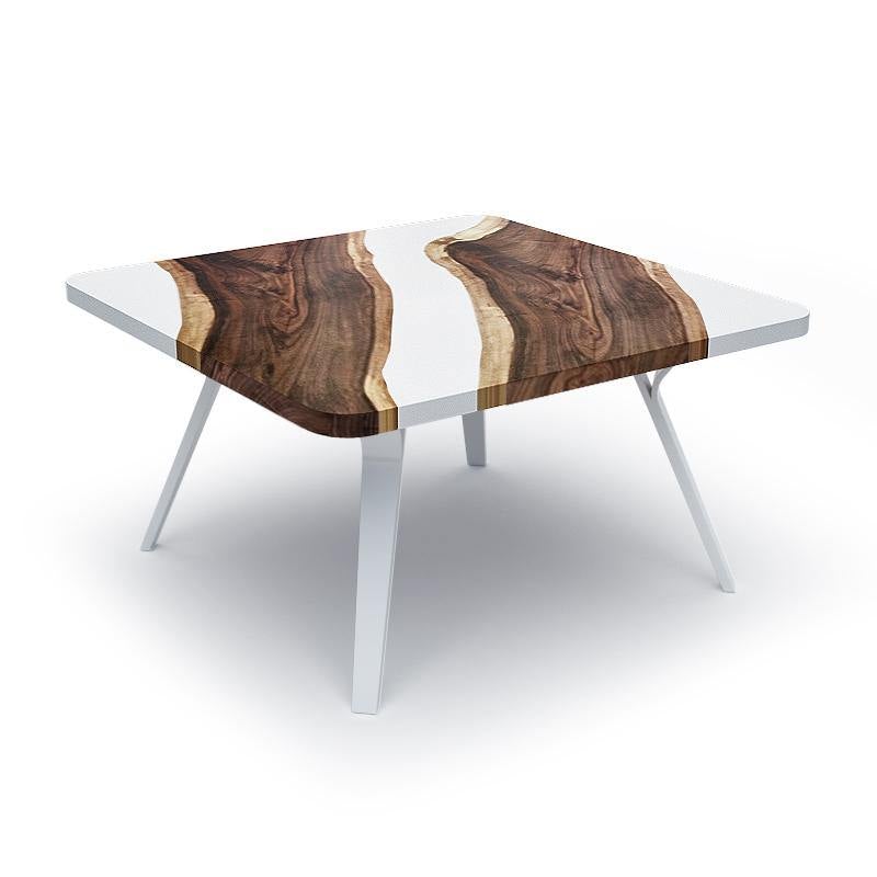 dozza walnut coffee table, modern coffee table, walnut wood coffee table, resin coffee table, white powder coated steel base, natural walnut wood, ghost white resin, glossy resin, walnut furniture, resin furniture, steel furniture, living room furniture, luxury furniture