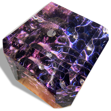dream space amethyst cube, space theme wood resin cube, eased edge transparent glossy resin, ghost white clear resin, amethyst inner color