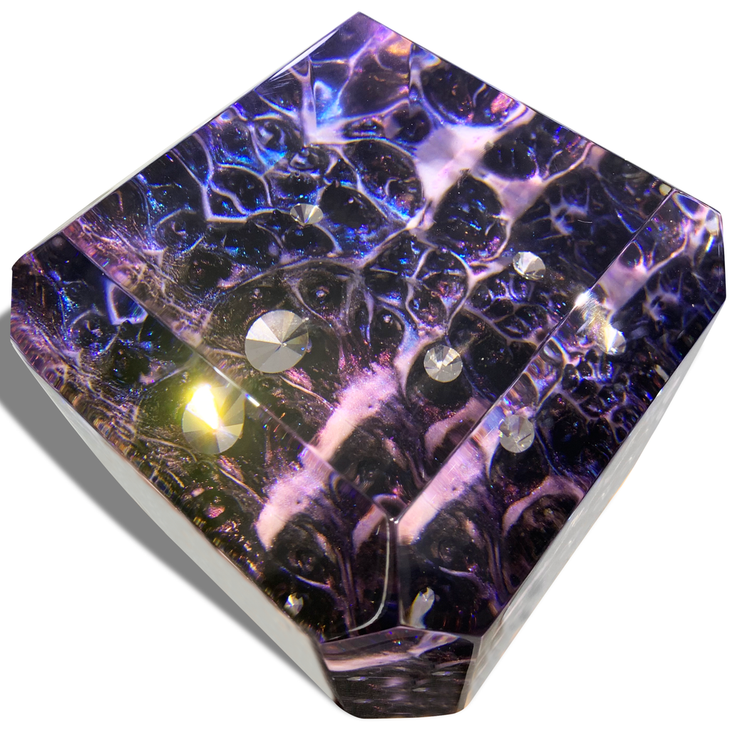 Dream Space Amethyst Cube featuring dark purple and blue crystal with embedded gemstones