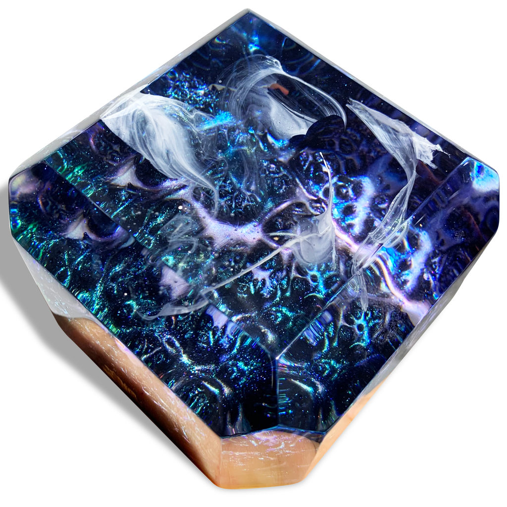 dream space blue cube, space theme wood resin cube, eased edge transparent glossy resin, ghost white clear resin, blue inner color