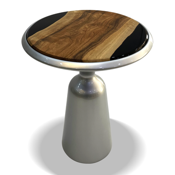 elpenor silver end table, walnut wood end table, resin end table, modern end table, jet black resin, glossy resin, silver base, luxury end table