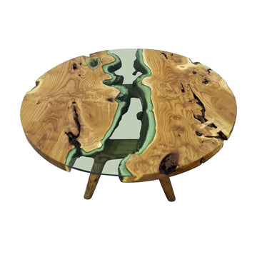 Elysion Glass River Olive Wood Coffee Table, round coffee table, olive wood coffee table, natural wood coffee table, glass coffee table, light green glass coffee table, wood base coffee table