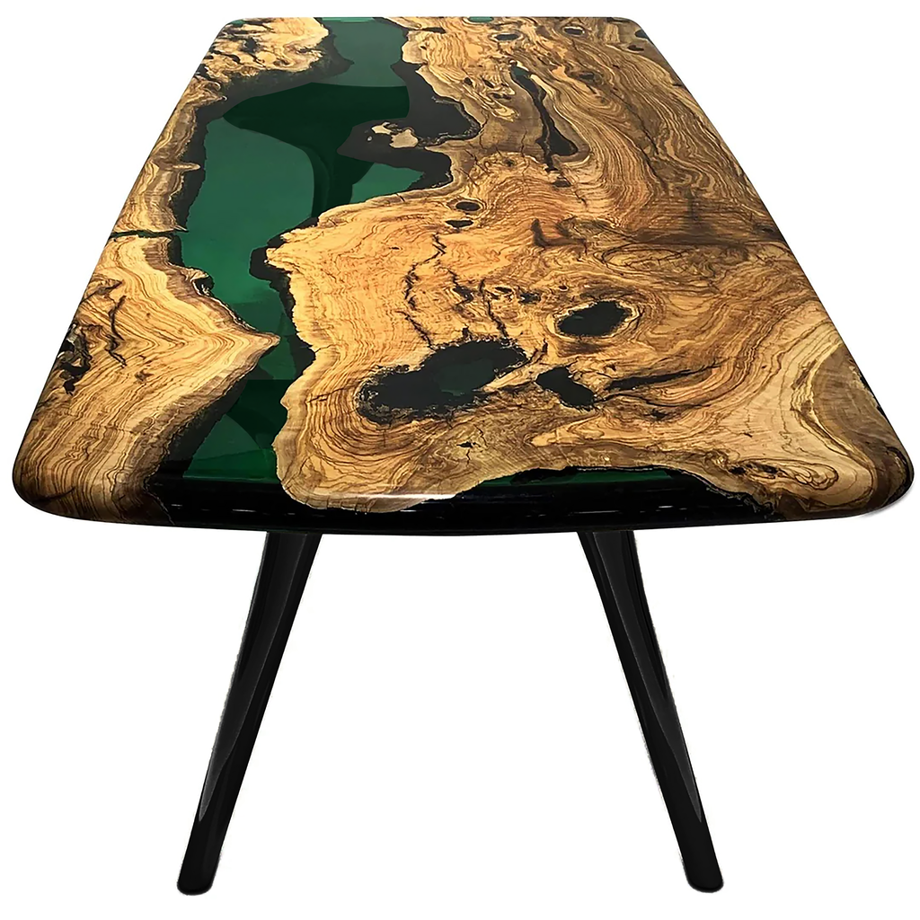 Elysion Green River Olive Wood Dining Table with live-edge top and green resin inlays