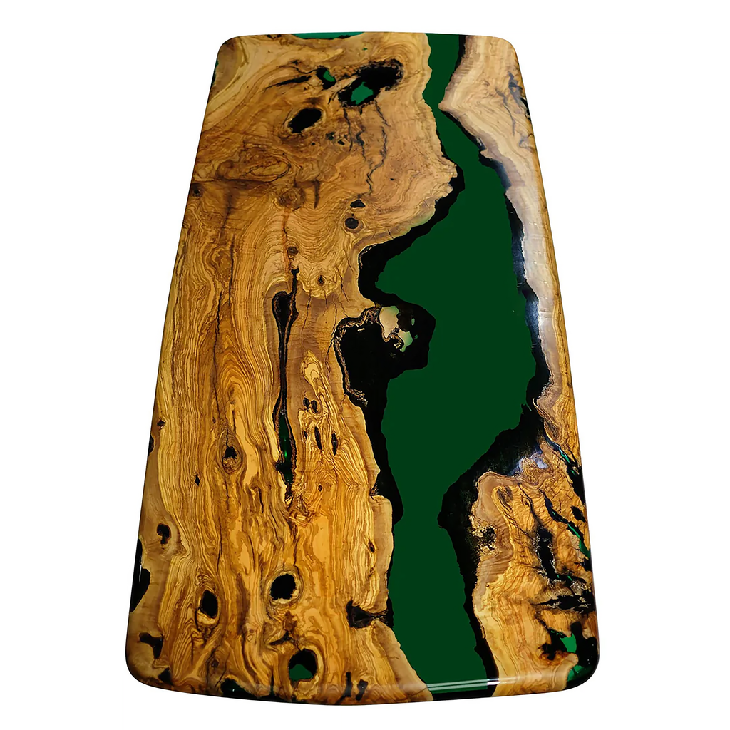Elysion Green River Olive Wood Dining Table with live-edge wood and green epoxy resin river top