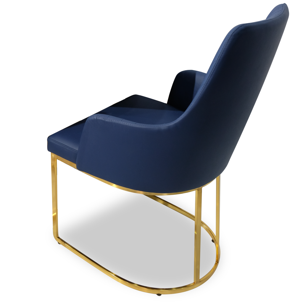 Enyo Dining Chair with modern blue upholstery and gold-finished metal base