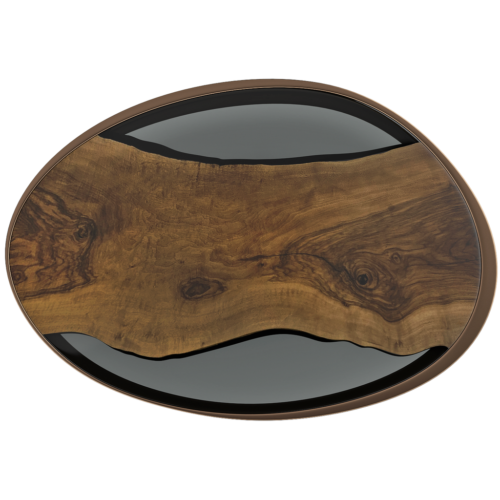 Eolia Walnut Wood Coffee Table with oval-shaped dark wood and resin serving tray