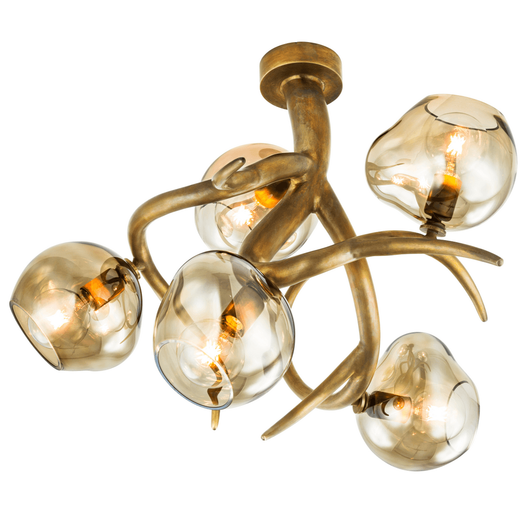 Ersa Ceiling Chandelier with five amber glass globes and antique brass finish