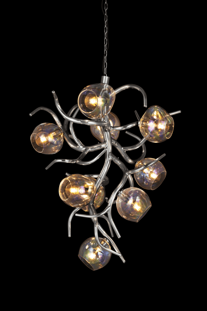 Ersa Chandelier Conical with silver branch frame and iridescent glass globes