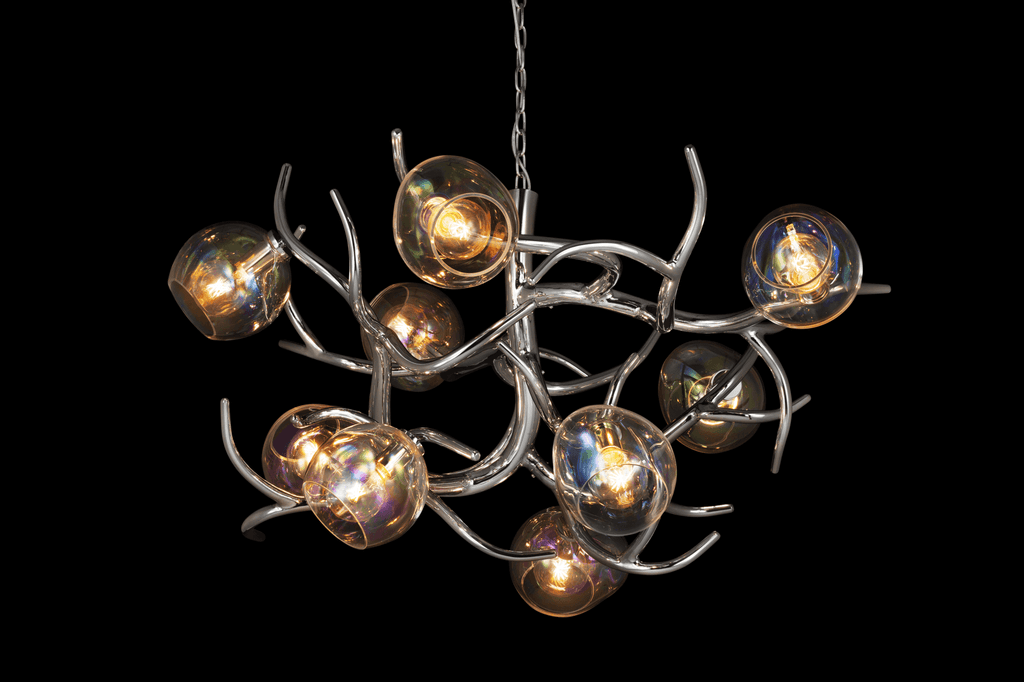 Ersa Chandelier Round with multi-light clear iridescent glass globes and polished silver frame