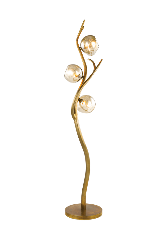 Ersa Floor Lamp with tall slender gold-finished stand and three glass shades