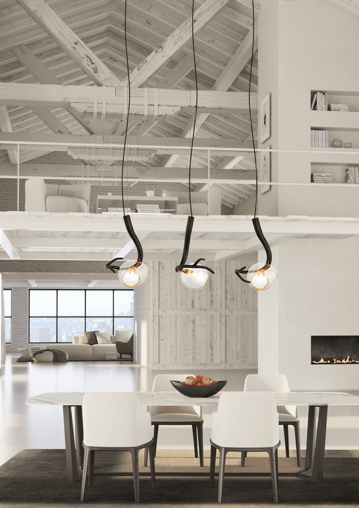 Ersa Hanging Lamp Element with three modern pendant lights, curved dark stems, clear globes