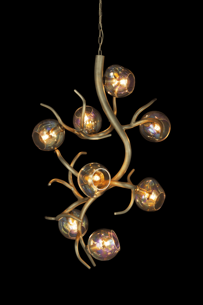 Ornate Ersa Suspension Vertical chandelier with branch-like design and iridescent glass globes