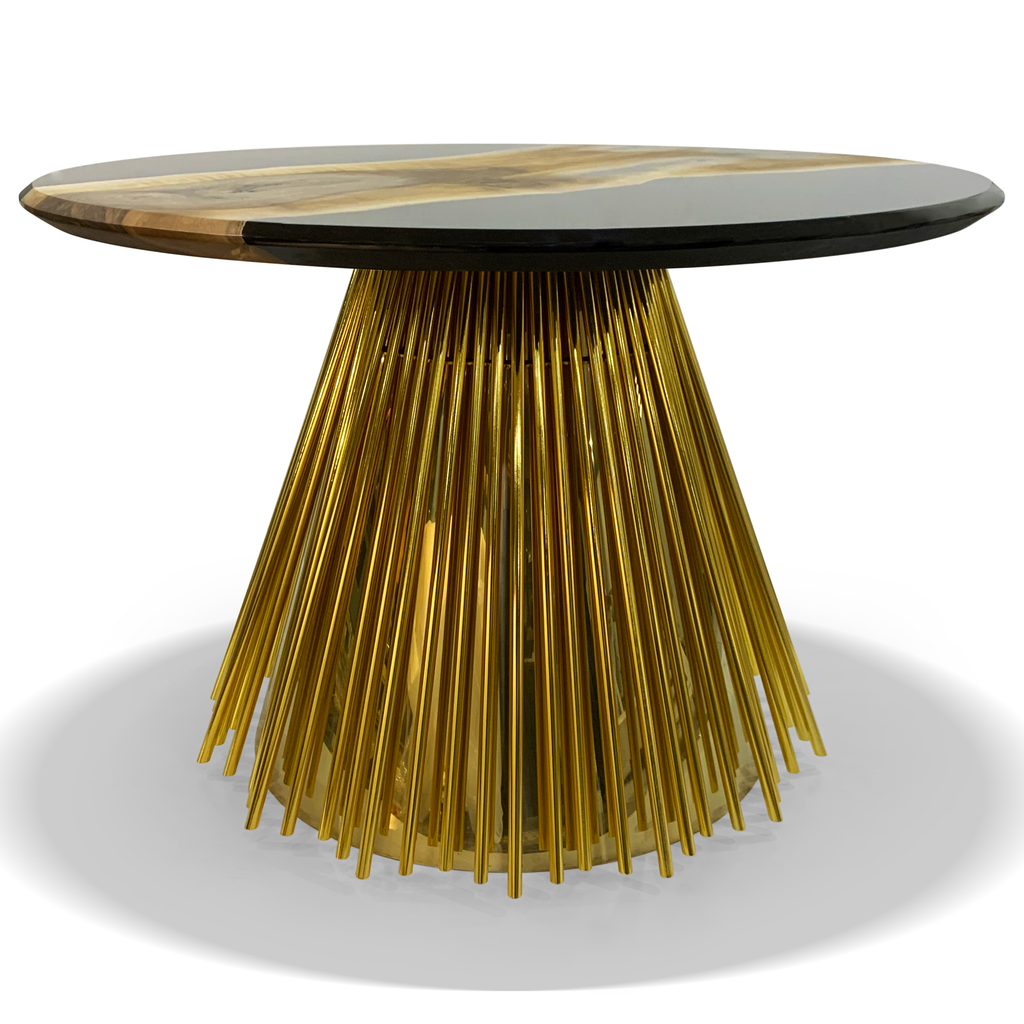 Eskulape Center Table with dark gray resin top, gold abstract pattern, and gold rod base