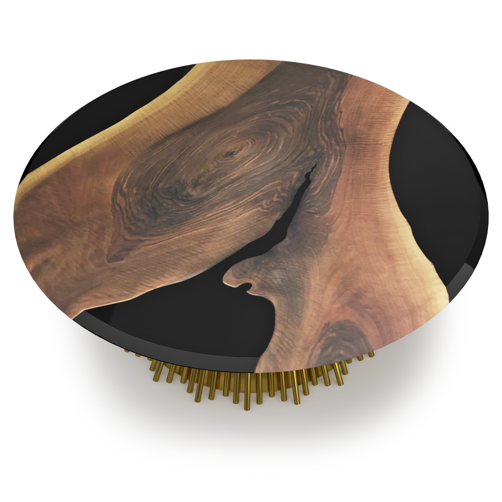 Eskulape Walnut Wood Round Coffee Table with live-edge top, black resin, and gold base