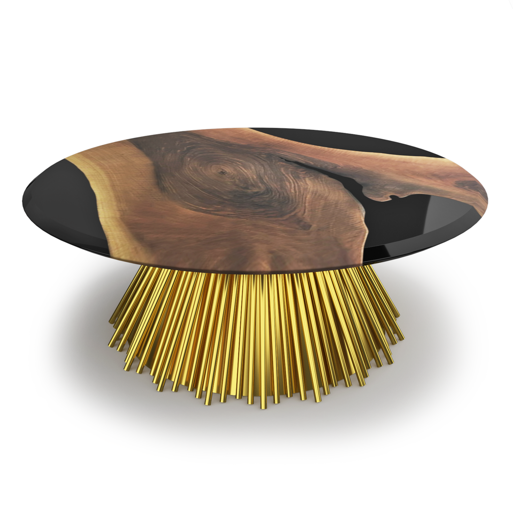 Eskulape Walnut Wood Round Coffee Table with live-edge wood and black resin top