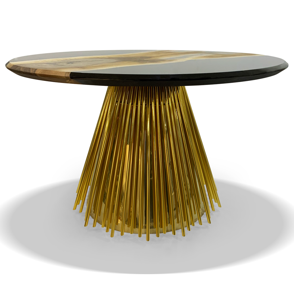 Eskulape walnut wood round dining table, modern dining table, walnut dining table, resin dining table, jet black resin, diamond edge, stainless steel base, brass PVD titanium coating