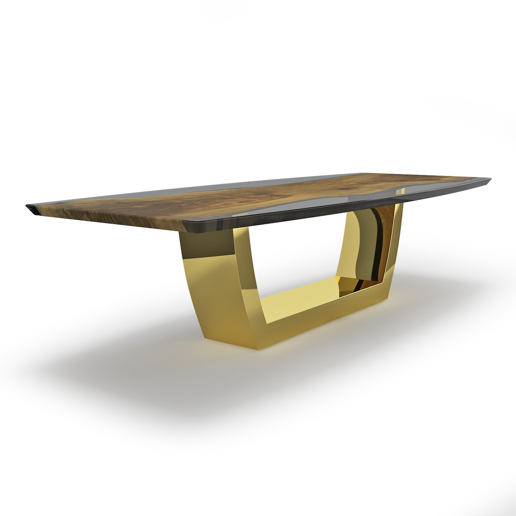 Evadne Walnut Wood Dining Table with dark brown wood-grain top and gold U-shaped base
