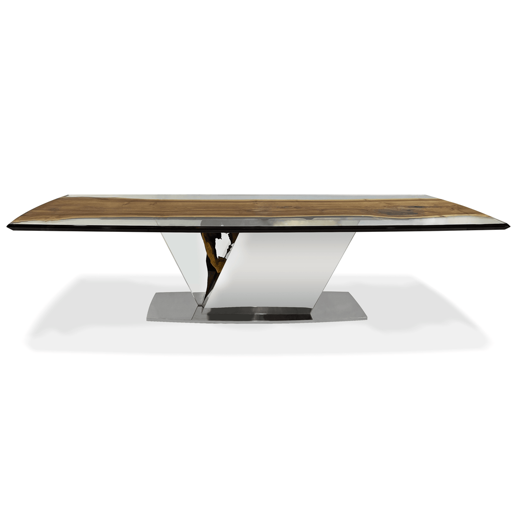Evandros Walnut Dining Table with wood top and polished metal base for elegant walnut dining