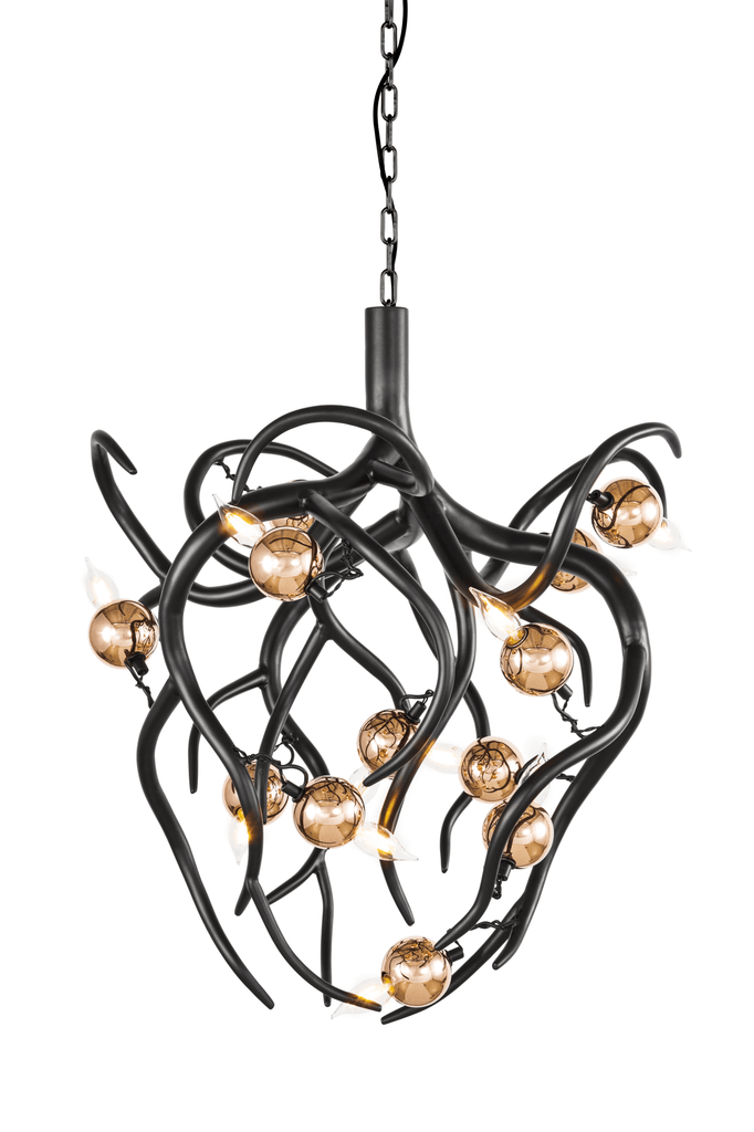 Eve Chandelier Conical with dark twisted metal arms and textured glass shades
